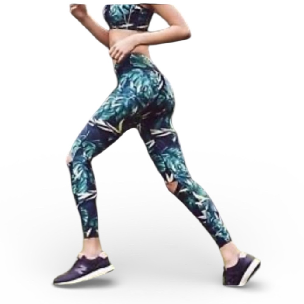 FREE PEOPLE MOVEMENT STONE FOX LYSA GREEN TROPICAL FLORAL LEGGINGS SLIT KNEES XS